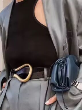 Black Vegan Leather Belt with Gold Sculptural Buckle